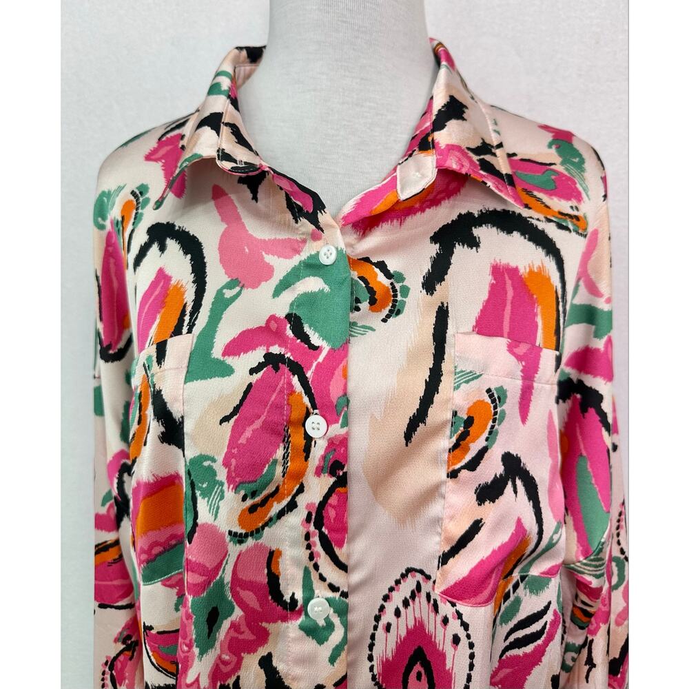 Fate Abstract Paisley Satin Button Down Blouse Pink Green Orange Size Medium - Picture 3 of 10